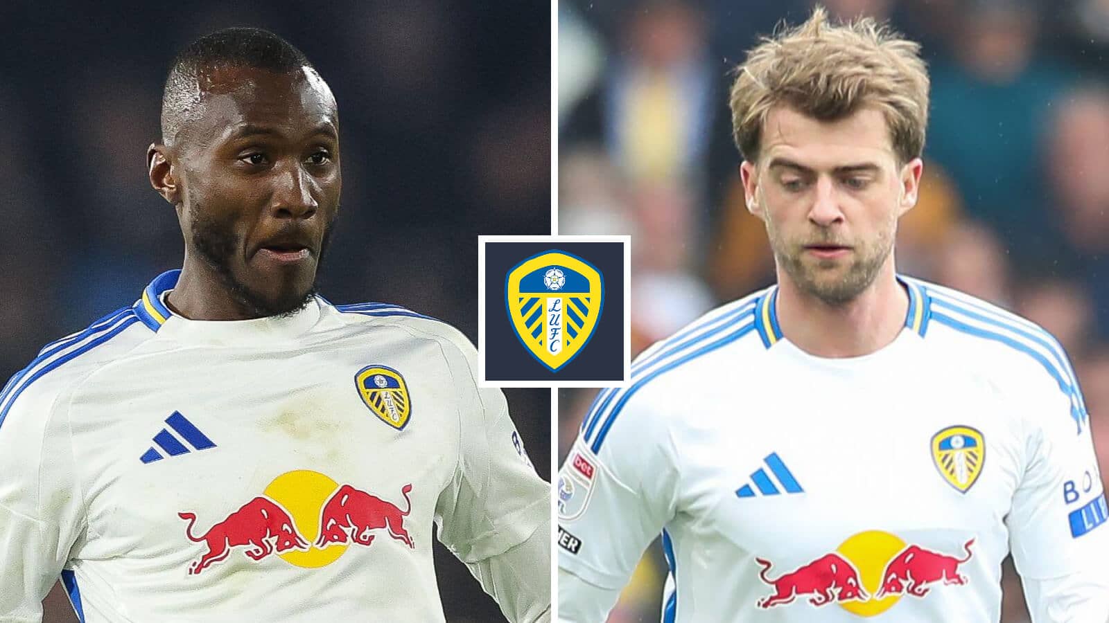 Josuha Guilavogui and Patrick Bamford next to the Leeds United badge
