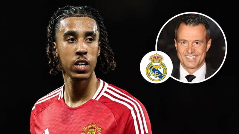 Manchester United defender Leny Yoro, Manchester United badge and Jorge Mendes - copyright TEAMtalk