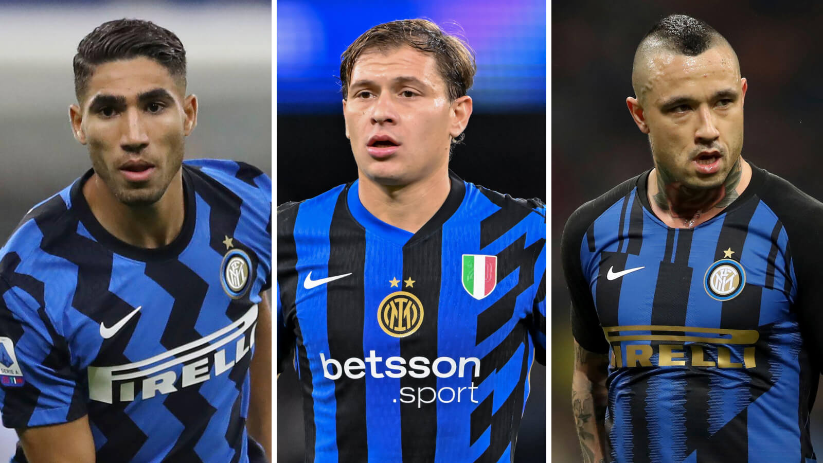 Radja Nainggolan, Nicolo Barella and Achraf Hakimi in Inter Milan kits