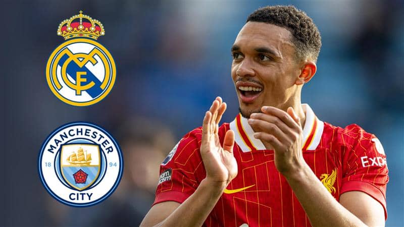 Liverpool right-back Trent Alexander-Arnold next to the Real Madrid and Manchester City badges - copyright TEAMtalk