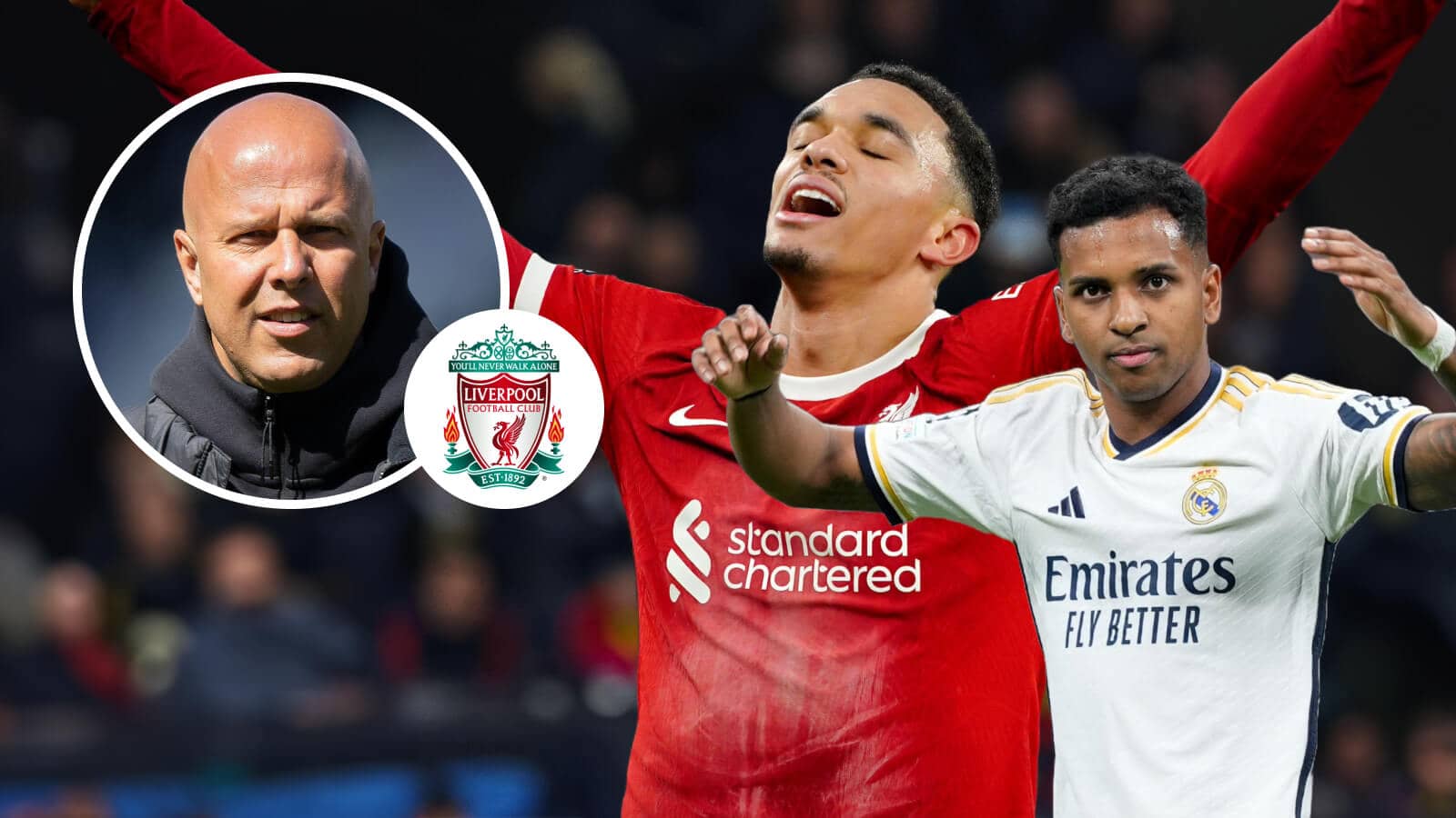 Arne Slot, Liverpool badge, Trent Alexander-Arnold and Rodrygo - copyright TEAMtalk