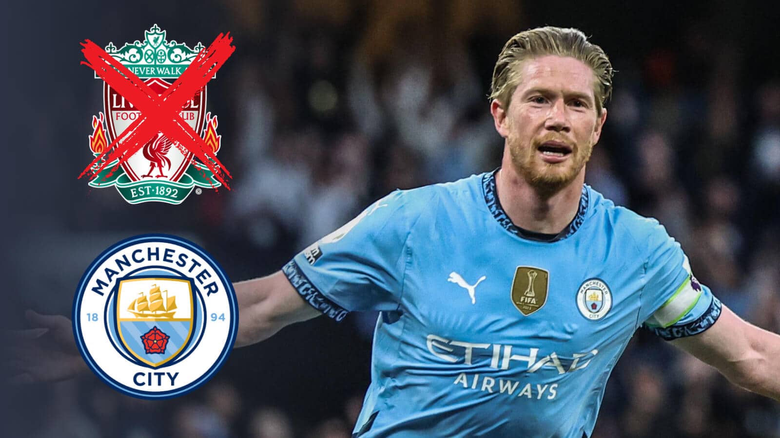 Manchester City midfielder Kevin De Bruyne next to the Man City and Liverpool badges - copyright TEAMtalk