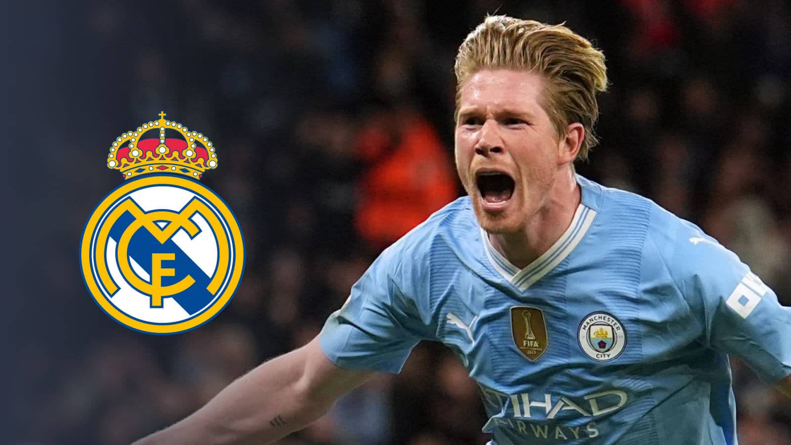 Manchester City midfielder Kevin De Bruyne next to the Real Madrid badge - copyright TEAMtalk