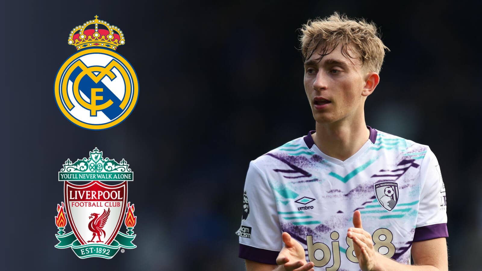 Bournemouth defender Dean Huijsen next to the Real Madrid and Liverpool badges - copyright TEAMtalk