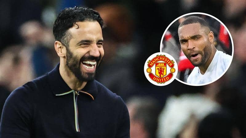 Manchester United manager Ruben Amorim and Bayer Leverkusen defender Jonathan Tah with the Manchester United badge between them - copyright TEAMtalk