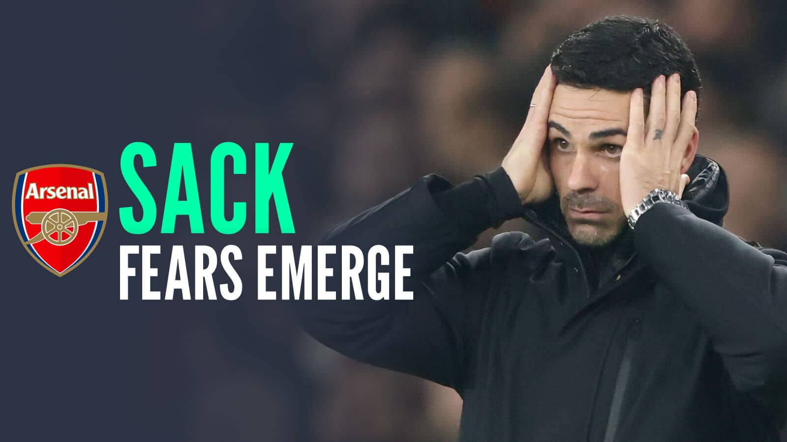 Mikel Arteta next to the Arsenal badge and the words 'sack fears emerge' following a warning from Jamie Carragher