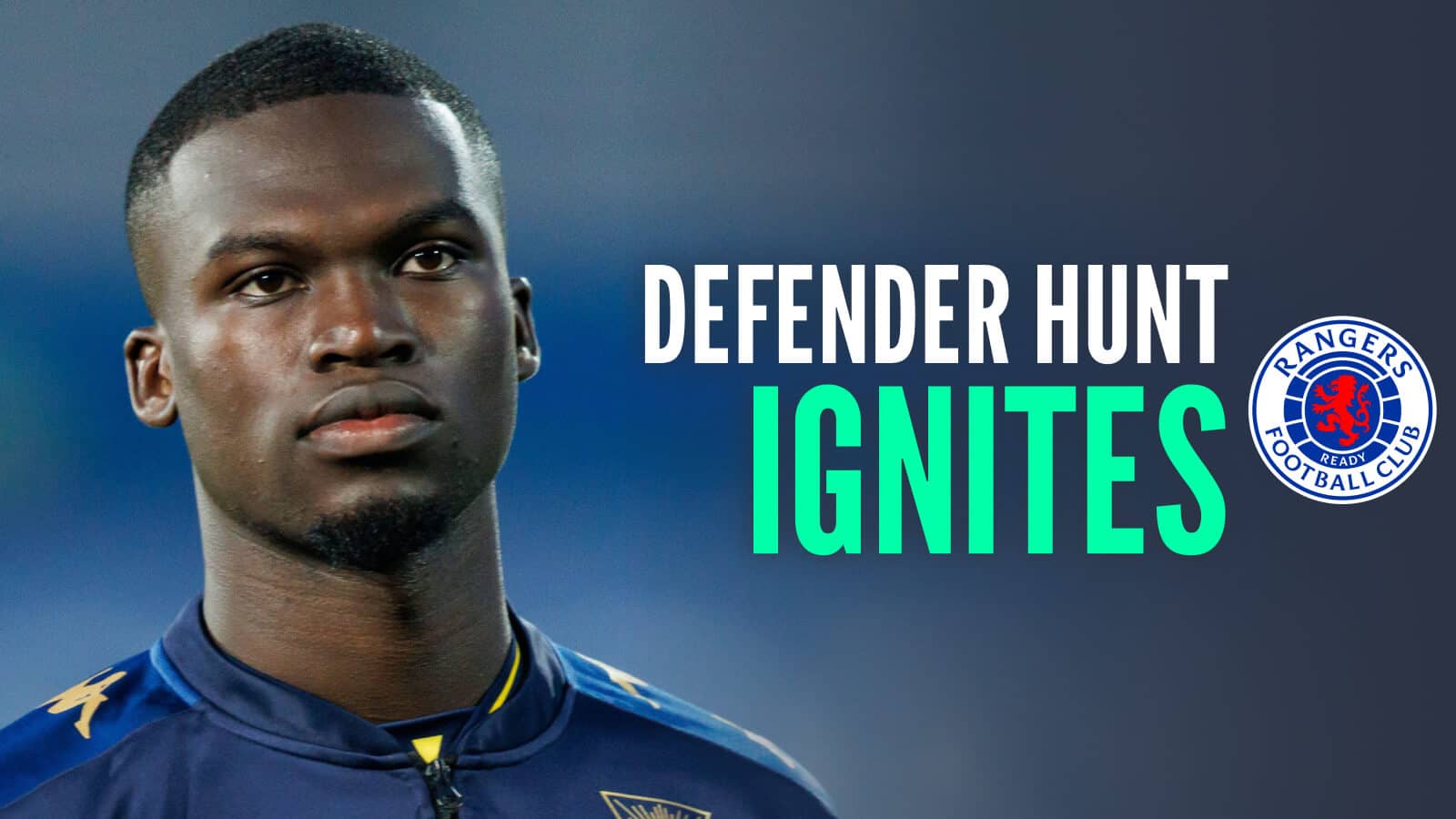 Kevin Boma with Rangers badge and caption: Defender hunt ignites