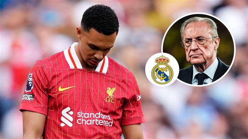 Liverpool right-back Trent Alexander-Arnold and Real Madrid president Florentino Perez with the Real Madrid badge between them - copyright TEAMtalk