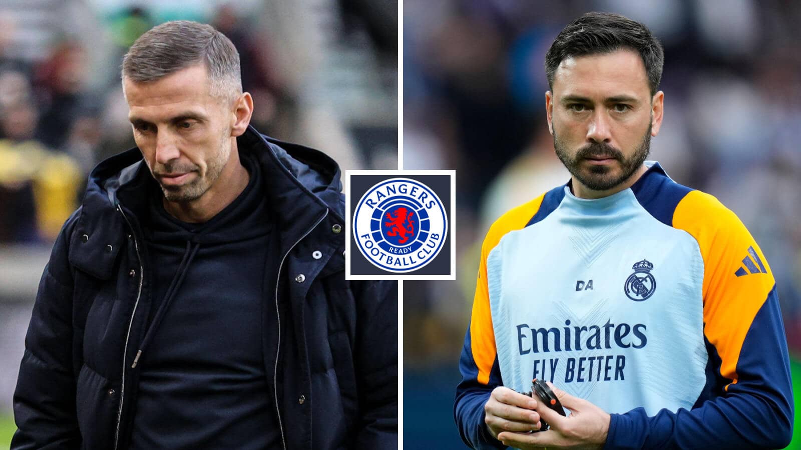 Gary O'Neil and Davide Ancelotti with a Rangers badge