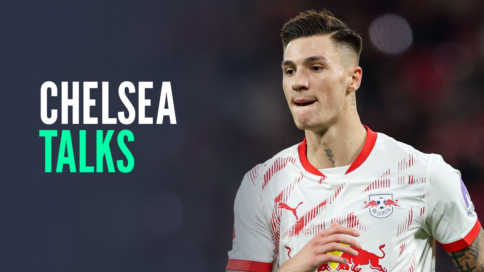 RB Leipzig striker Benjamin Sesko with caption: Chelsea talks
