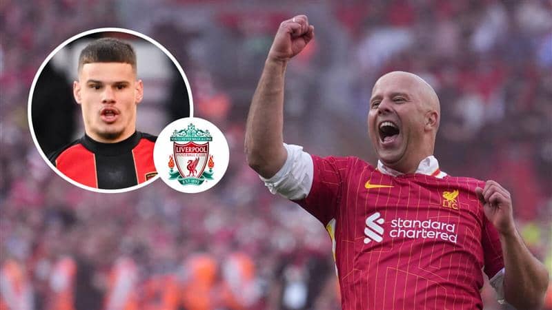 Bournemouth left-back Milos Kerkez and Liverpool manager Arne Slot with the Liverpool badge between them - copyright TEAMtalk