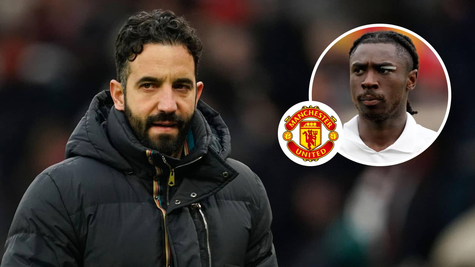 Manchester United manager Ruben Amorim and Fiorentina striker Moise Kean with the Man Utd badge between them - copyright TEAMtalk