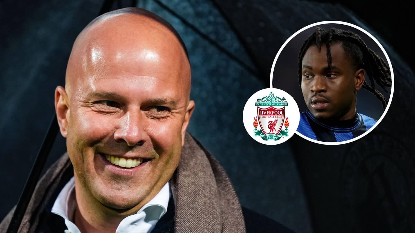 Liverpool manager Arne Slot and Atalanta forward Ademola Lookman with the Liverpool badge between them - copyright TEAMtalk