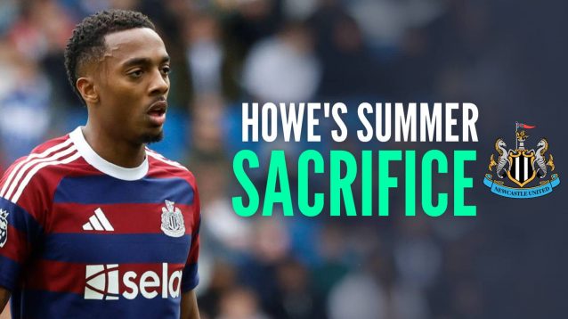 Newcastle star Joe Willock next to the club crest and the words 'Howe's summer sacrifice'