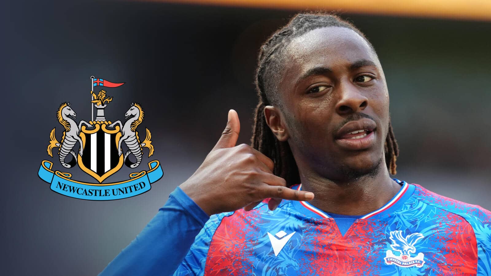 Crystal Palace star Eberechi Eze next to the Newcastle United club crest