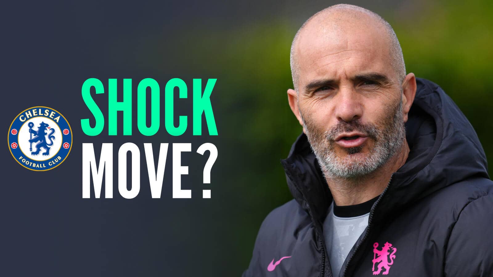 Chelsea manager Enzo Maresca next to the club's crest and the words 'shock move?'