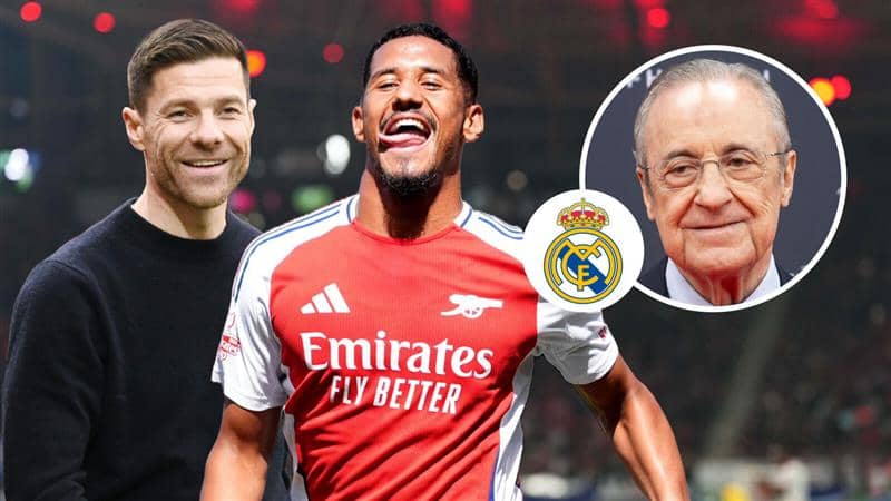 Xabi Alonso, William Saliba, Real Madrid badge and Florentino Perez - copyright TEAMtalk