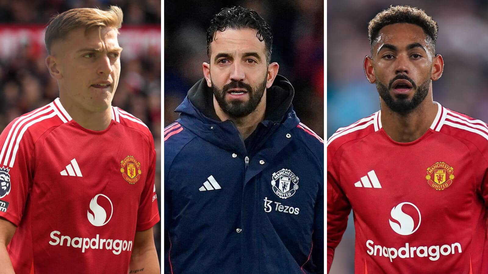 Manchester United boss Ruben Amorim either side of summer targets Liam Delap and Matheus Cunha, who both have Man Utd shirts Photoshopped on to them - graphic copyright of TEAMtalk