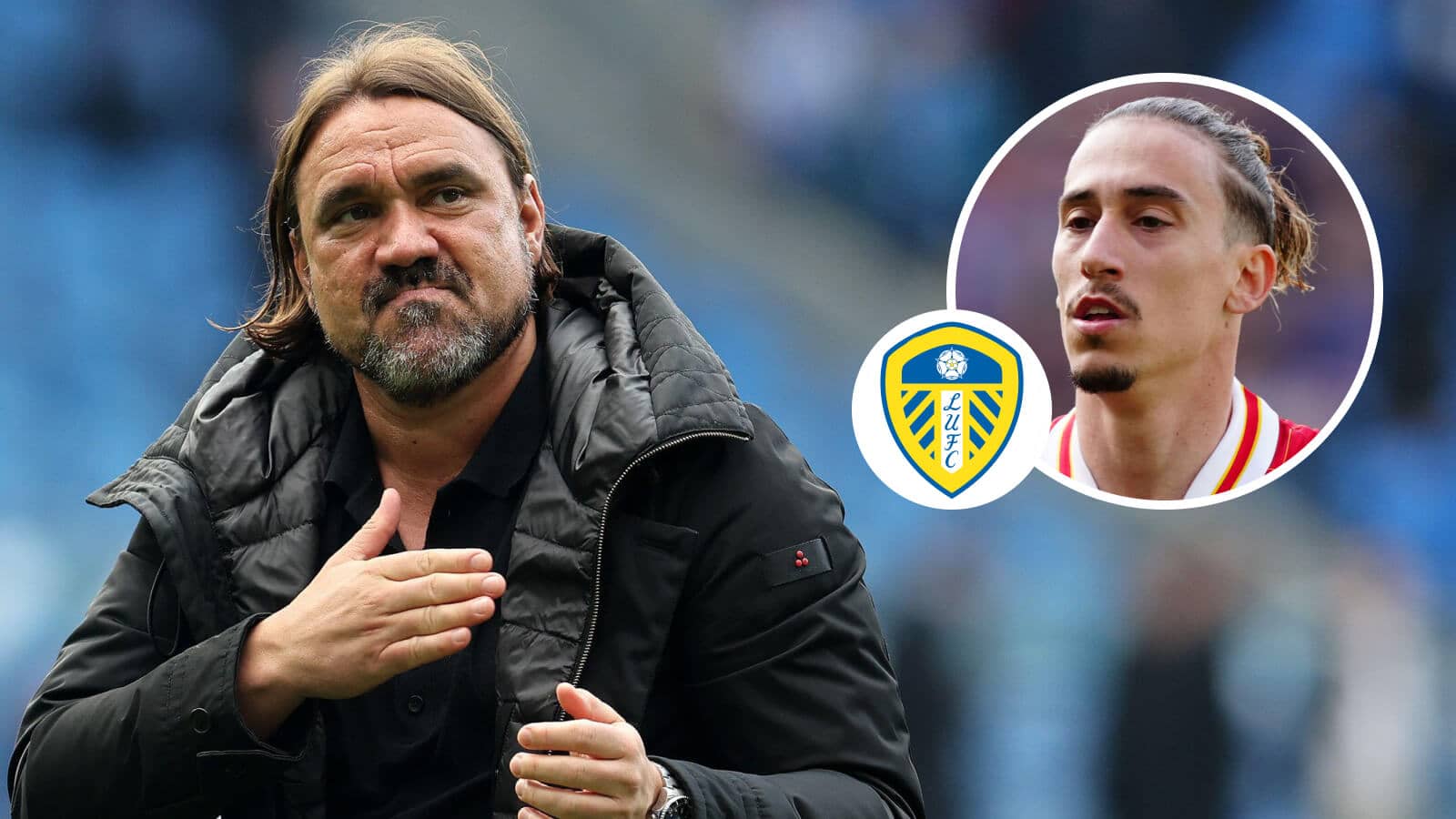 Leeds boss Daniel Farke is keen on Liverpool left-back Kostas Tsimikas, inset, pictured alongside the Leeds United club crest