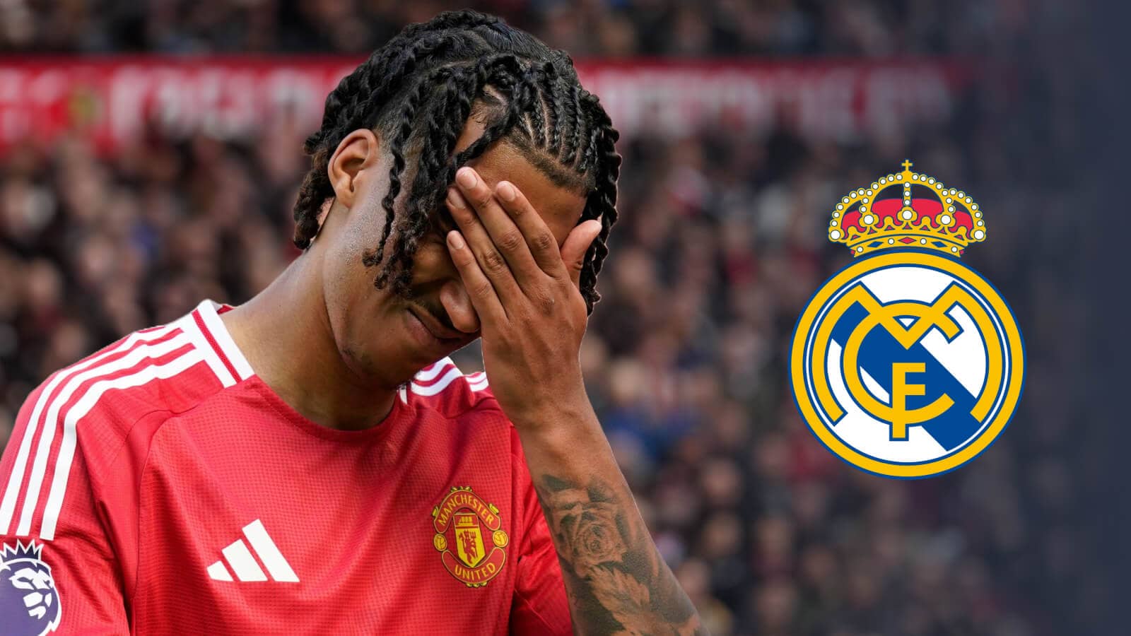 Manchester United defender Leny Yoro next to the Real Madrid badge - copyright TEAMtalk