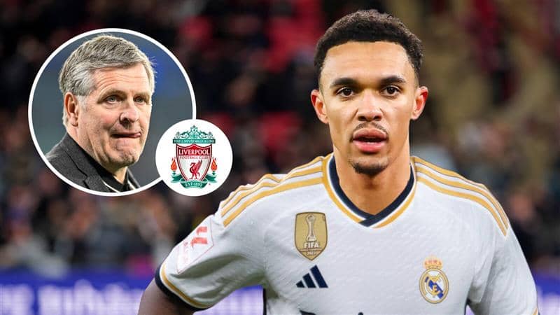 Jan Molby, Liverpool badge and Trent Alexander-Arnold in a Real Madrid shirt - copyright TEAMtalk