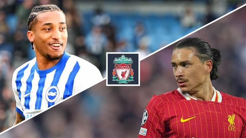 Diagonally split image of Brighton and Hove Albion striker Joao Pedro and Liverpool striker Darwin Nunez with the Liverpool badge between – copyright TEAMtalk