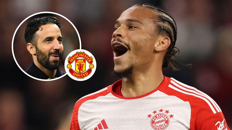 Ruben Amorim, Manchester United badge and Bayern Munich winger Leroy Sane - copyright TEAMtalk