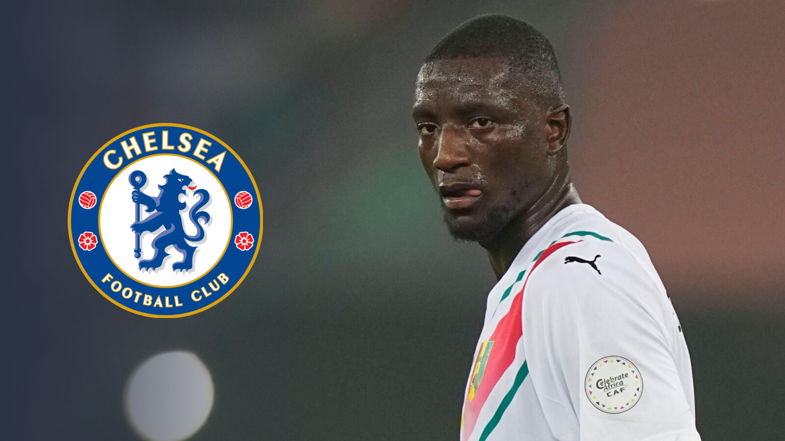 Dortmund striker Serhou Guirassy with Chelsea badge