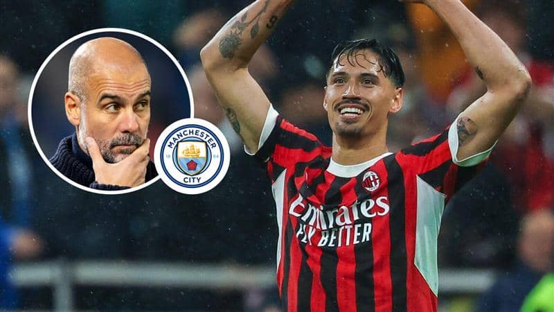 Manchester City manager Pep Guardiola and AC Milan midfielder Tijjani Reijnders with the Manchester City badge between them - copyright TEAMtalk