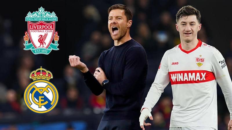 Xabi Alonso and Angelo Stiller next to the Liverpool and Real Madrid badges - copyright TEAMtalk