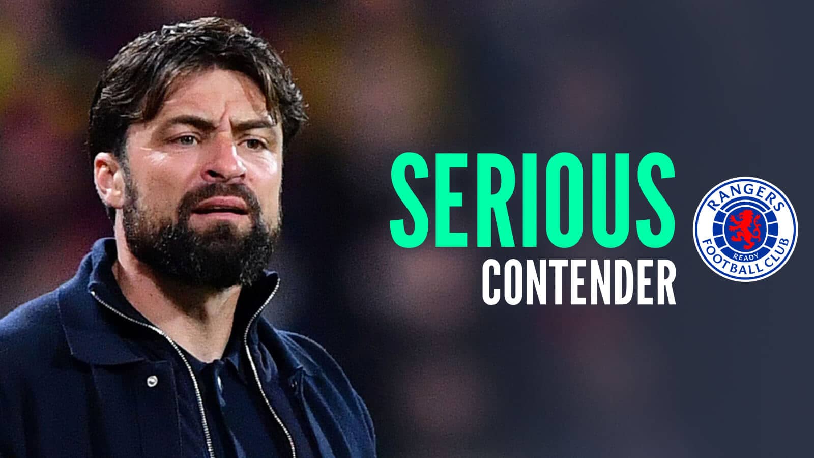Former Southampton manager Russell Martin with Rangers badge and caption: Serious contender