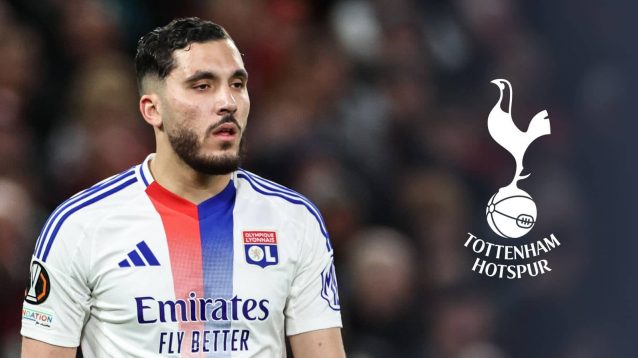 Lyon winger Rayan Cherki with a Tottenham badge