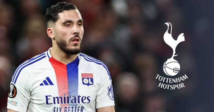 Lyon winger Rayan Cherki with a Tottenham badge