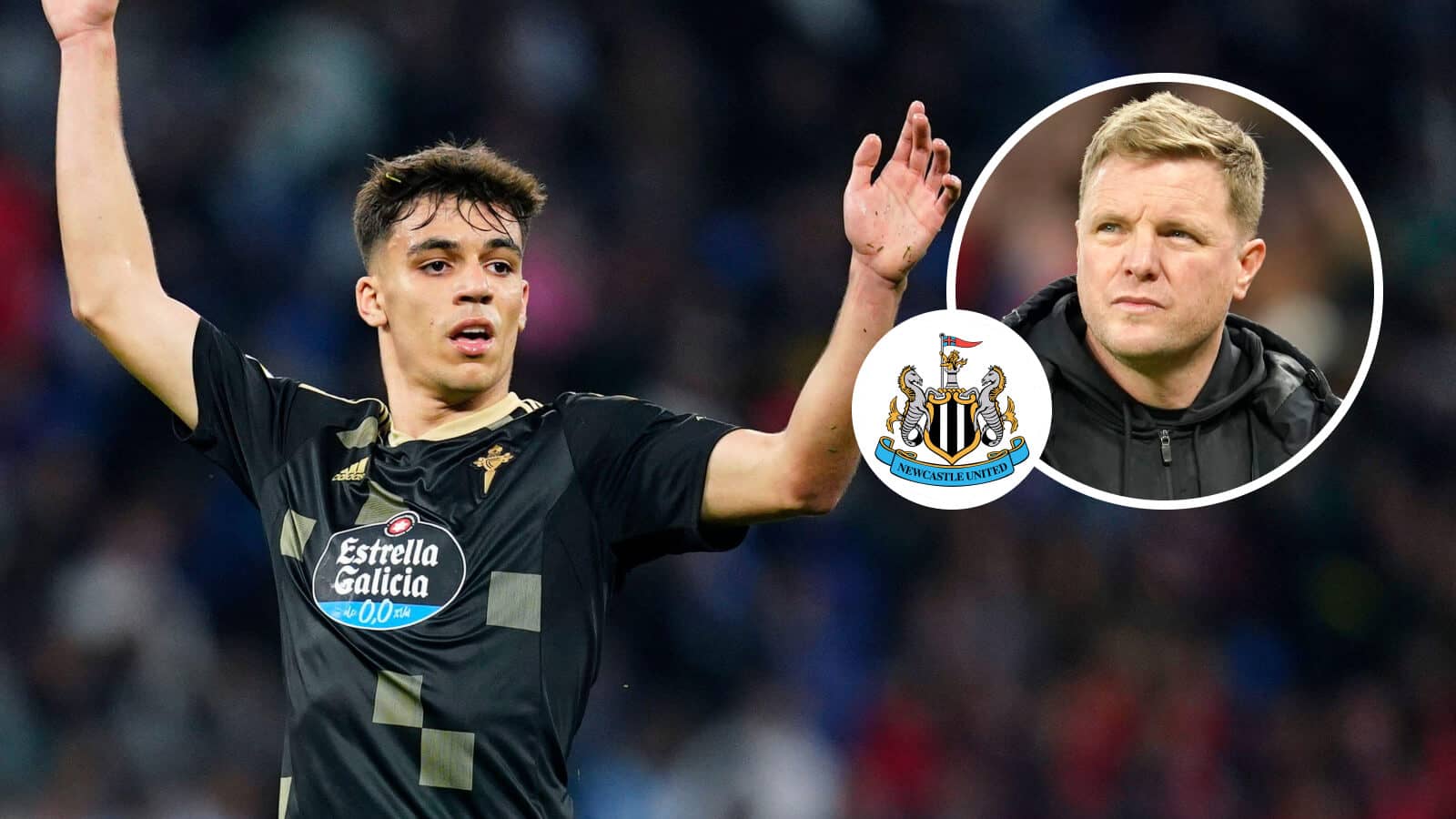 Gabri Veiga, Newcastle United badge and Eddie Howe - copyright TEAMtalk