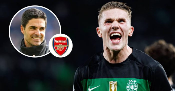 Arsenal manager Mikel Arteta and Sporitng CP striker Viktor Gyokeres with the Arsenal badge between them - copyright TEAMtalk