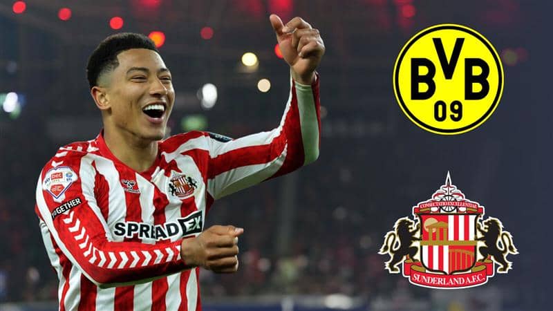 Sunderland midfielder Jobe Bellingham next to the Borussia Dortmund and Sunderland badges - copyright TEAMtalk