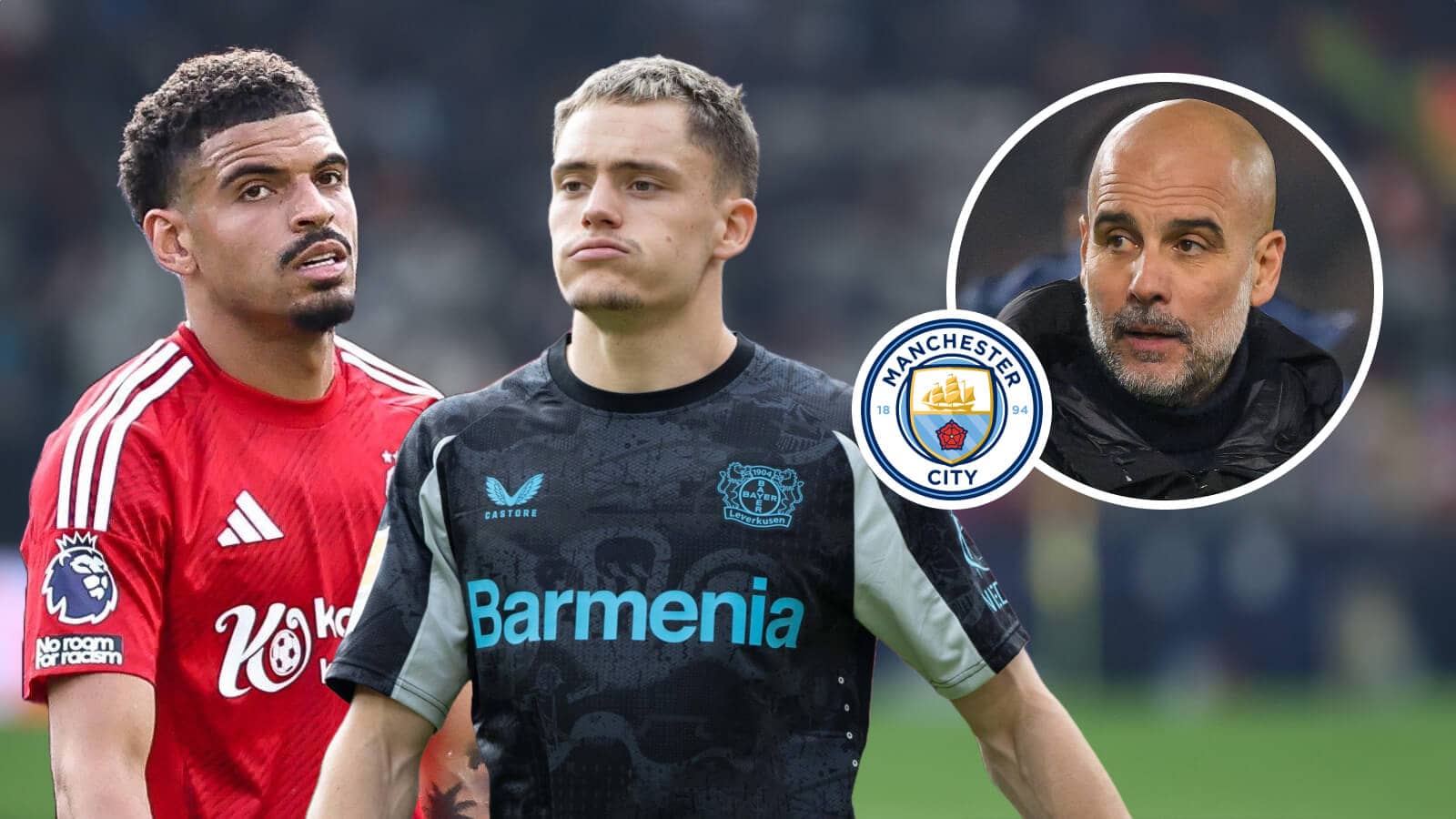 Morgan Gibbs-White, Florian Wirtz, Manchester City badge and Pep Guardiola - copyright TEAMtalk