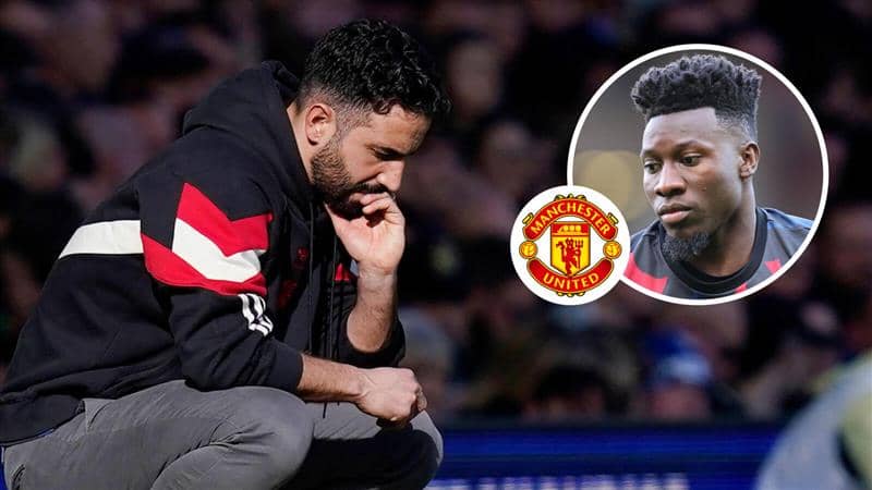 Manchester United manager Ruben Amorim and Manchester United goalkeeper Andre Onana with the Man Utd badge between them - copyright TEAMtalk