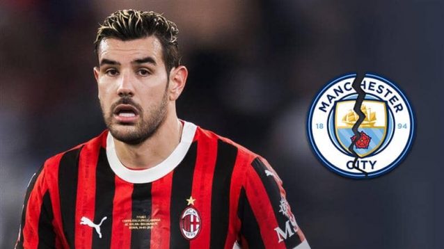 AC Milan star Theo Hernandez next a broken Manchester City badge - copyright TEAMtalk