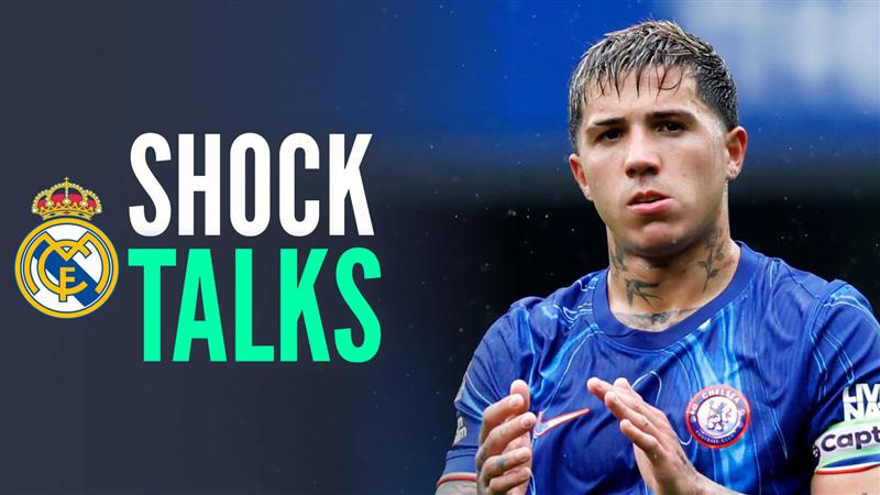 Chelsea star Enzo Fernandez with Real Madrid badge and caption: Shock talks