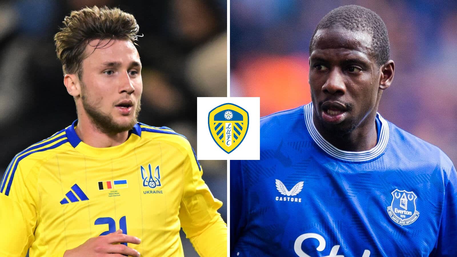 Ukraine striker Vladyslav Vanat and Everton midfielder Abdoulaye Doucoure either side of the Leeds United badge