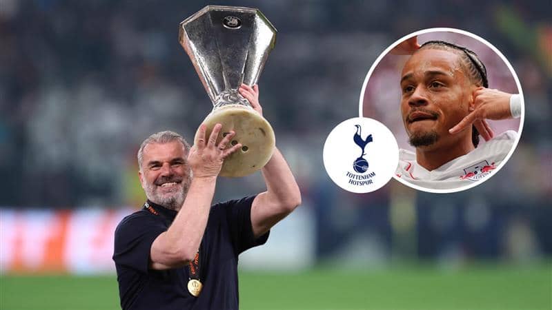 Tottenhgam Hotspur manager, Ange Postecoglou, Tottenham Hotspur badge and Xavi Simons - copyright TEAMtalk