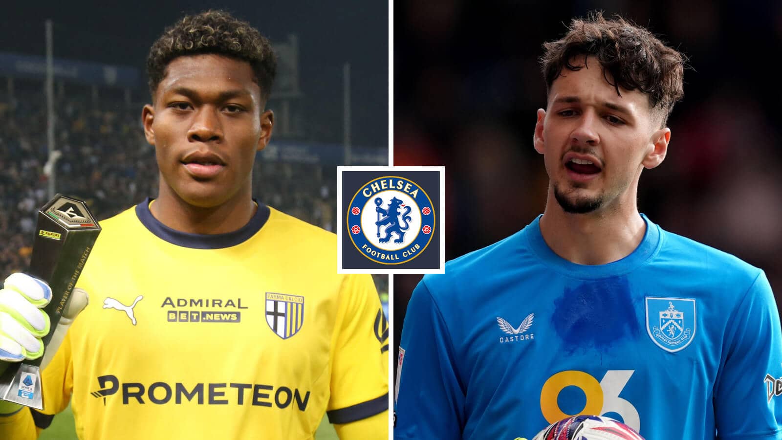 Parma's Zion Suzuki and Burnley's James Trafford with a Chelsea badge