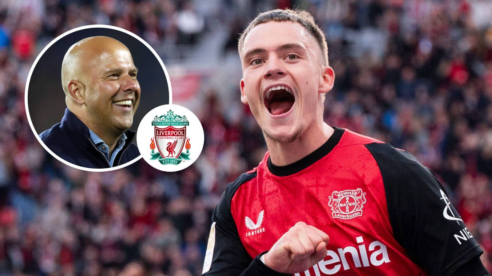 Liverpool manager Arne Slot and Bayer Leverkusen star Florian Wirtz with the Liverpol badge between them - copyright TEAMtalk