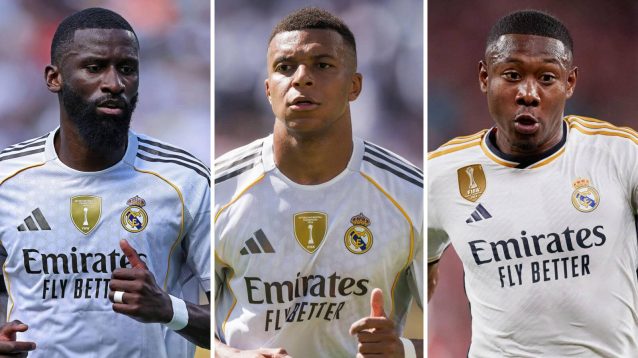 David Alaba, Kylian Mbappe and Antonio Rudiger in Real Madrid kits