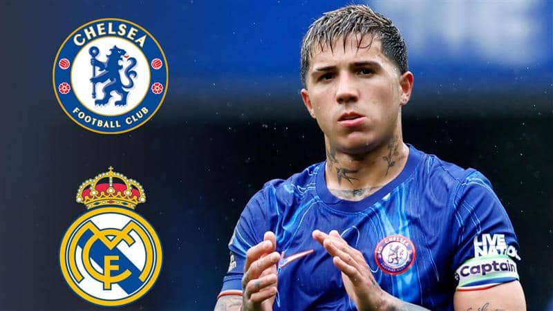 Chelsea midfielder Enzo Fernandez next to the Chelsea and Real Madrid badges - copyright TEAMtalk