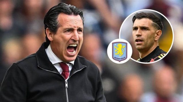 Unai Emery, Aston Villa badge and Emiliano Martinez - copyright TEAMtalk