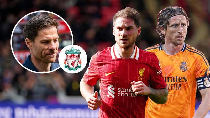 Xabi Alonso, Liverpool badge, Alexis Mac Allister and Luka Modric - copyright TEAMtalk
