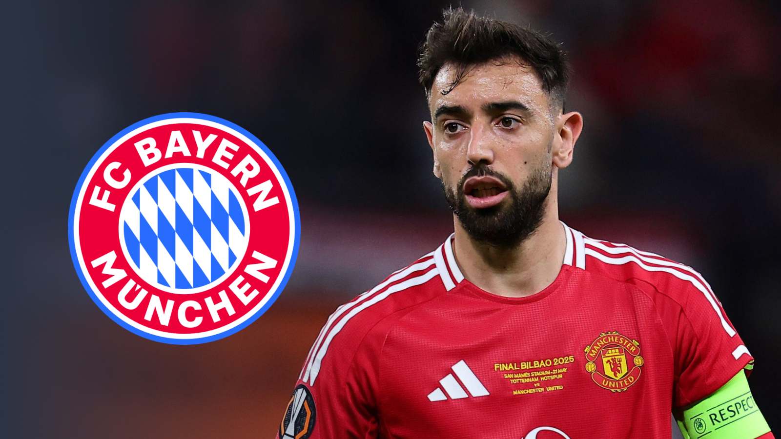 Man Utd captain Bruno Fernandes with a Bayern Munich badge
