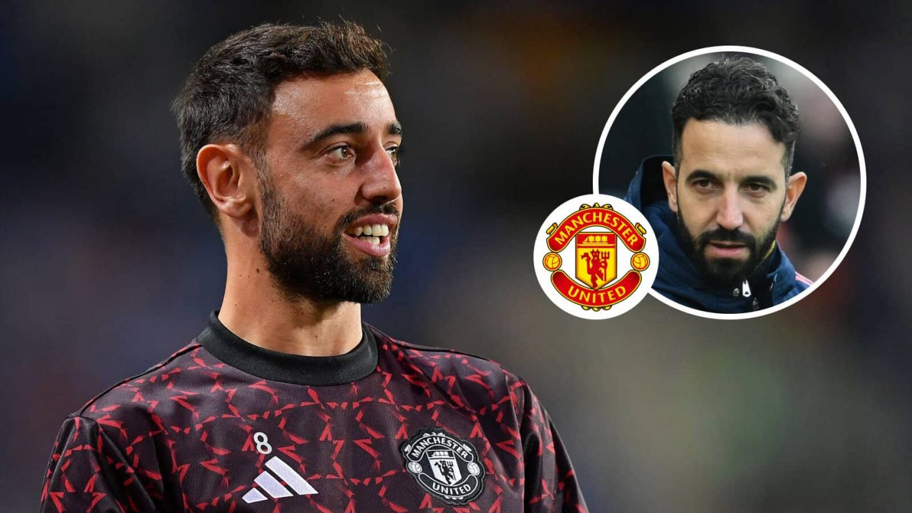 Bruno Fernandes, Manchester United badge and Ruben Amorim - copyright TEAMtalk